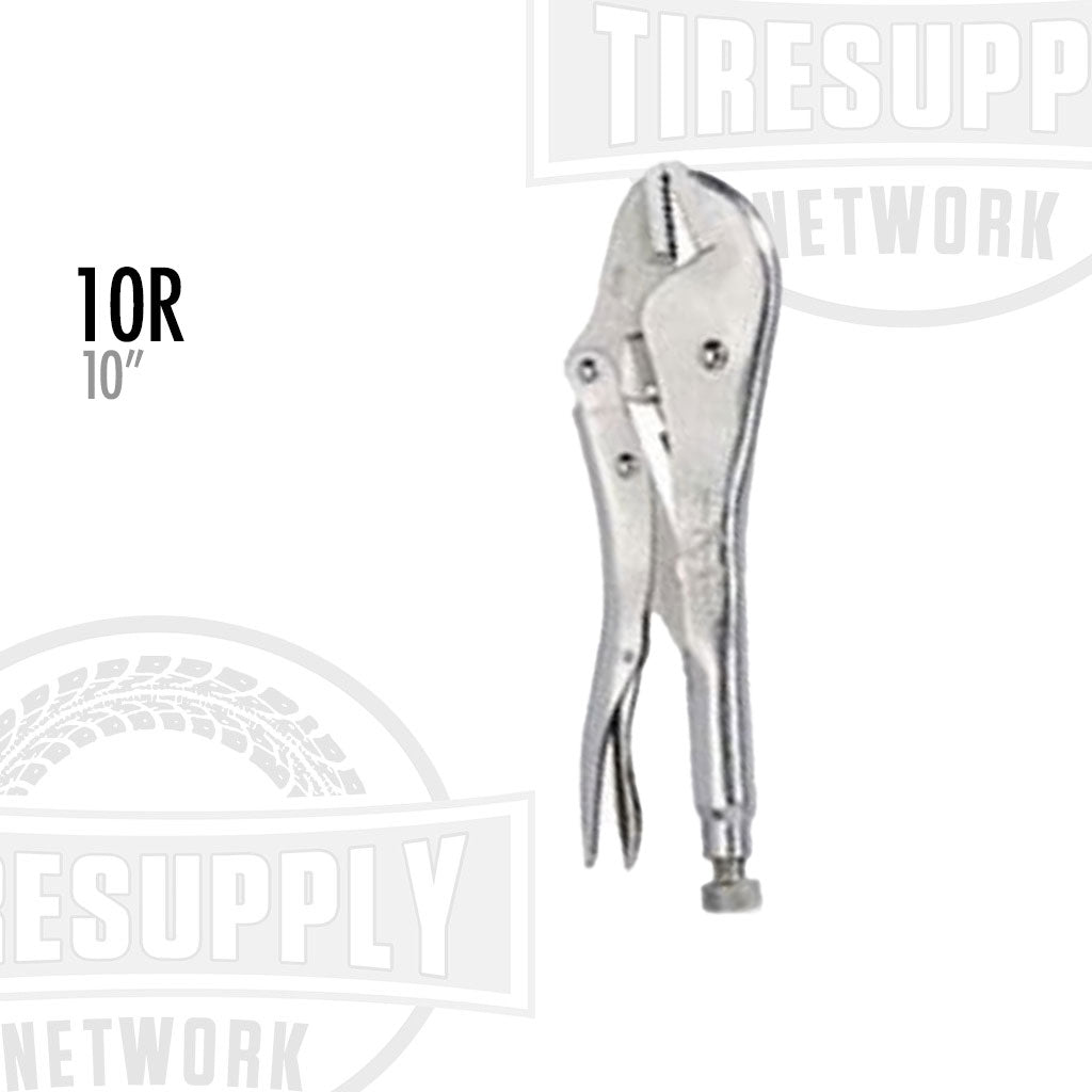 A silver-colored vise grip with straight jaws, labeled with '10R' and the Tire Supply Network logo.