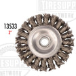 A 3-inch steel twist knot wire wheel with a visible arbor hole, intended for use in grinding and buffing applications. 13533