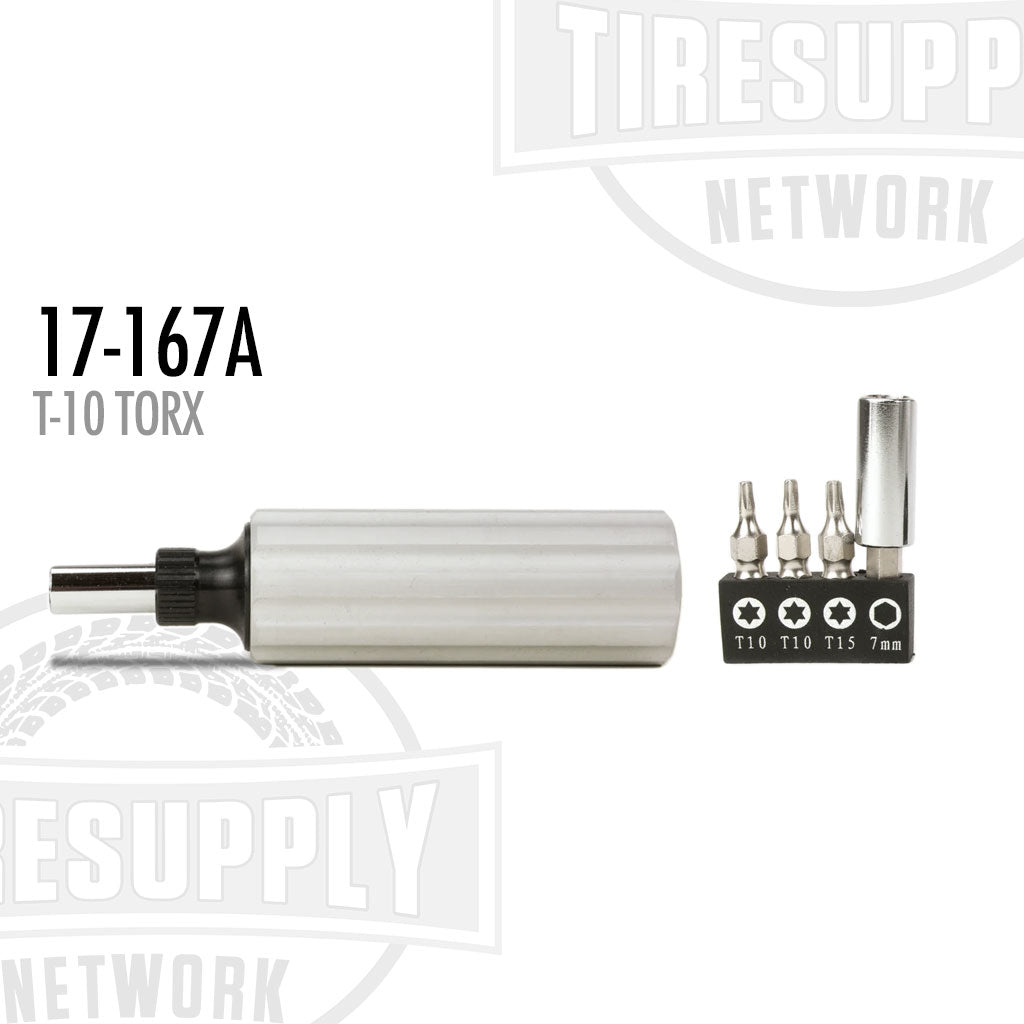 A set of Torx screwdrivers with a silver body and black bits, including a precision torque tool, displayed on a white background with the text '17-167A T-10 TORX' on the image.