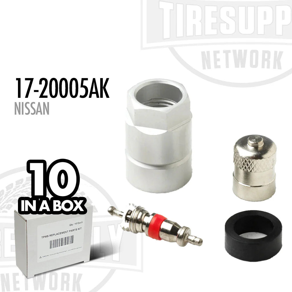 A box of 10 TPMS service kits, including valve stems and hardware, with visible components such as a silver valve cap, valve core, sensor nut, and a red and silver valve stem. 17-20005AK