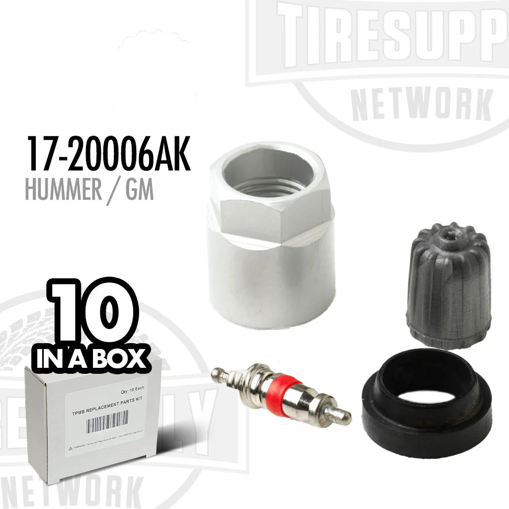 TPMS Service Kit components displayed alongside a box indicating a quantity of 10, with brand and vehicle compatibility information. 17-20006AK