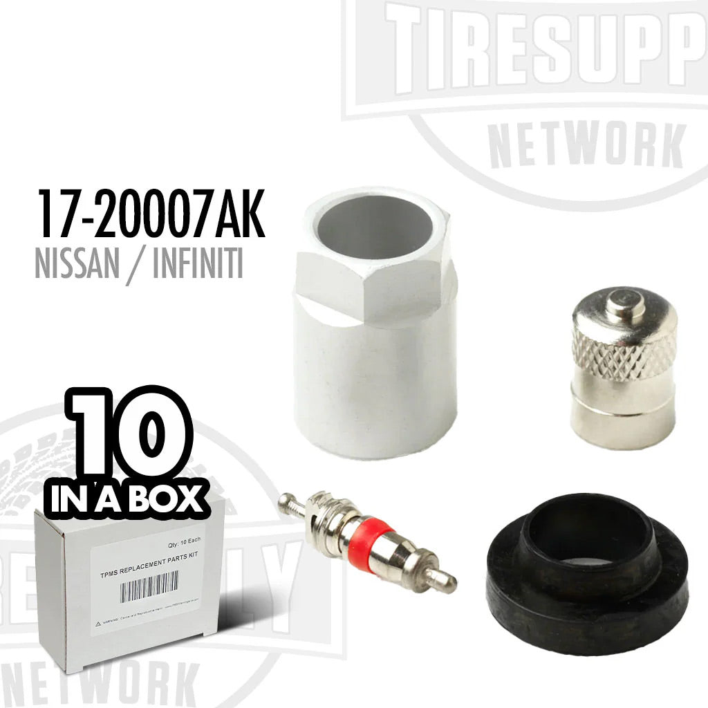 A box of 10 TPMS service kits including various components for Nissan and Infiniti vehicles. 17-20007AK