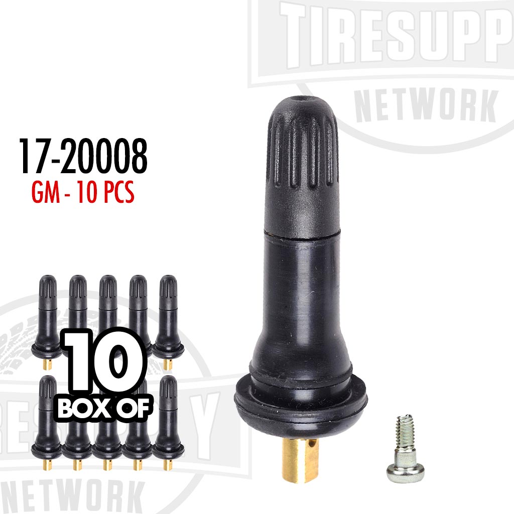 A box containing 10 pieces of black snap-in TPMS (Tire Pressure Monitoring System) valves for GM vehicles, with additional details such as the part number 17-20008 visible.