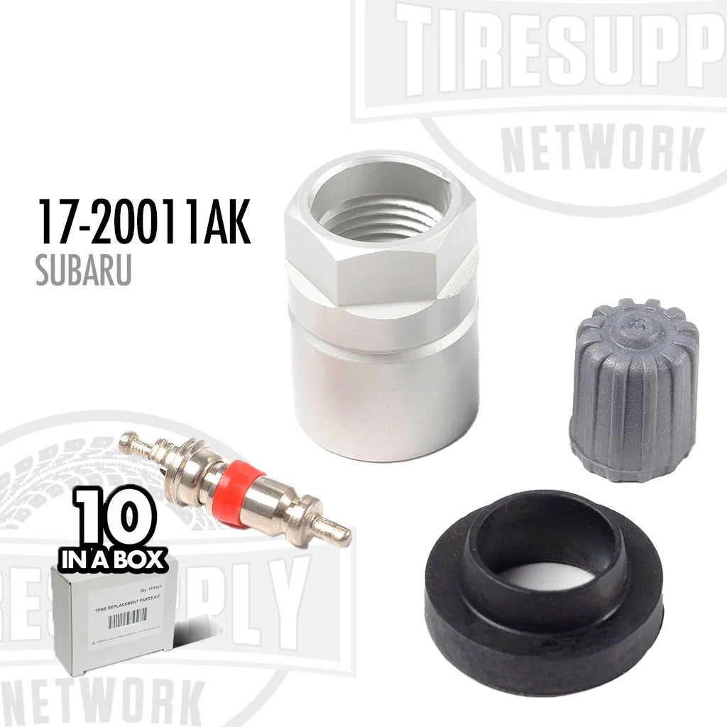 A box of 10 Subaru TPMS Service Kits, including a silver sensor, a red and silver valve stem, a black rubber grommet, and a gray valve cap. 17-20011AK