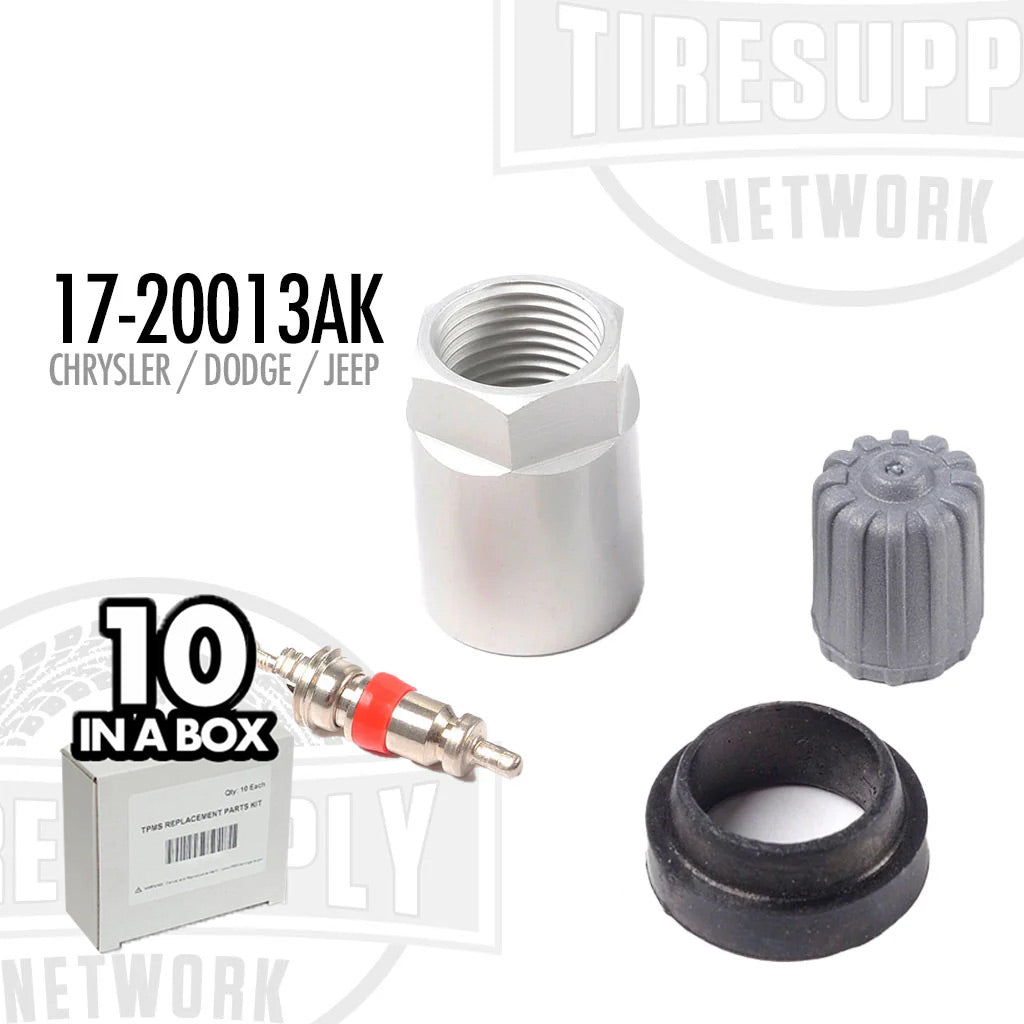 TPMS Service Kit components displayed, including valve stems, caps, and potentially a sensor nut, with packaging indicating '10 in a box' for Chrysler, Dodge, Jeep vehicles. 17-20013AK