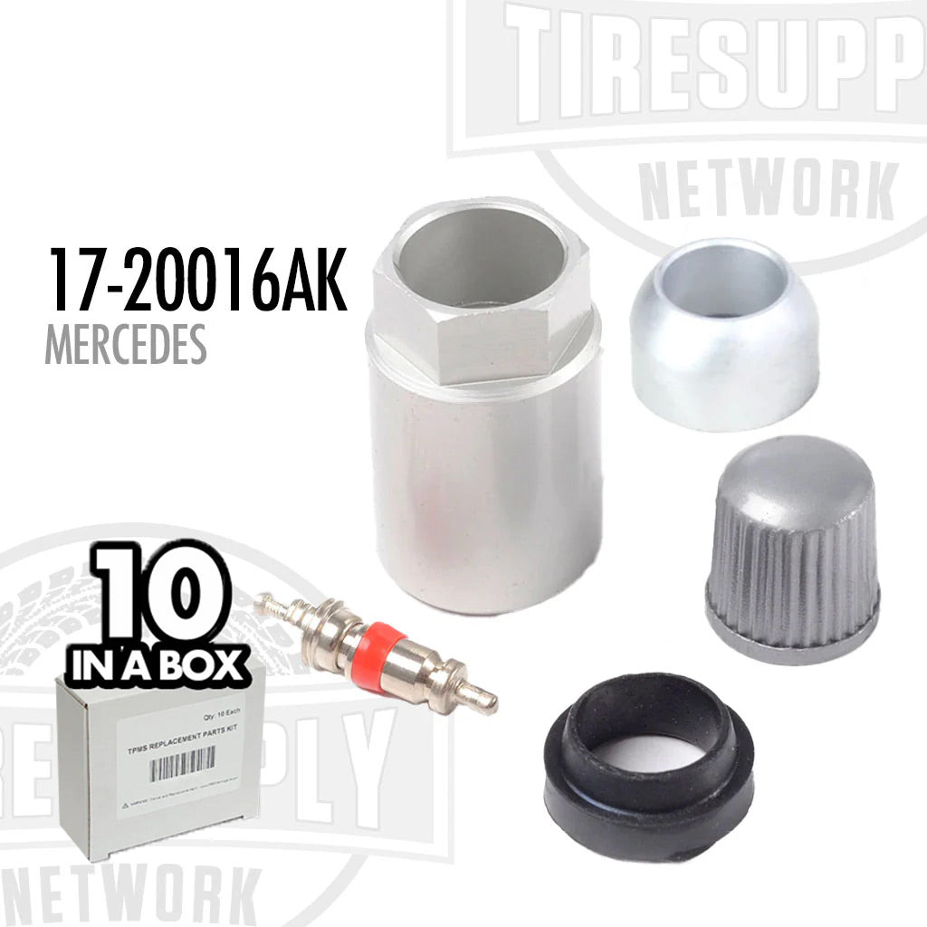 A box of 10 TPMS service kits for Mercedes vehicles, including valve stems and hardware, displayed with individual components visible. 17-20016AK