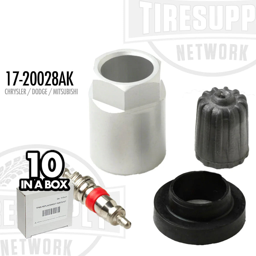 A box of 10 TPMS service kits including valve stems and hardware for Chrysler, Dodge, and Mitsubishi vehicles.