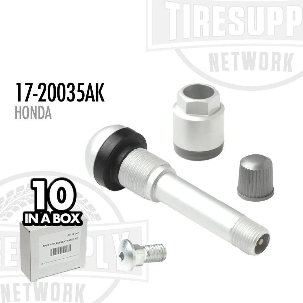 TPMS Service Kit components displayed alongside a box indicating '10 in a box' for Honda vehicles. 17-20035AK