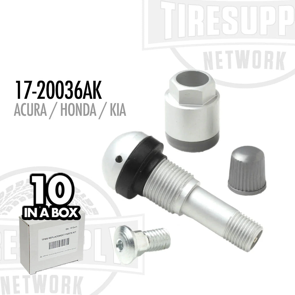A box of 10 TPMS service kits including various components for Acura, Honda, and Kia vehicles. 17-20036AK
