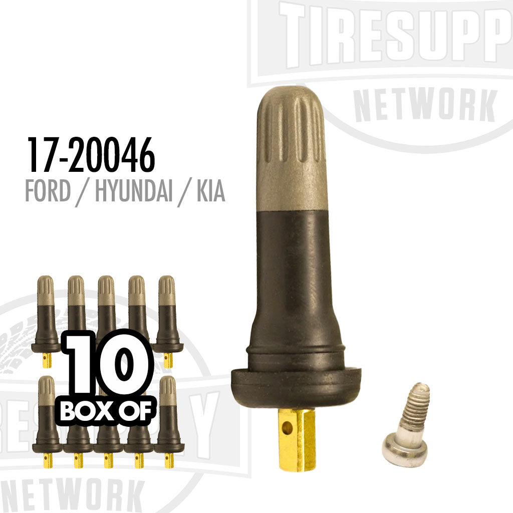 A box of 10 black snap-in TPMS valves with a gold and silver base for Ford, Hyundai, and Kia vehicles. 17-20046