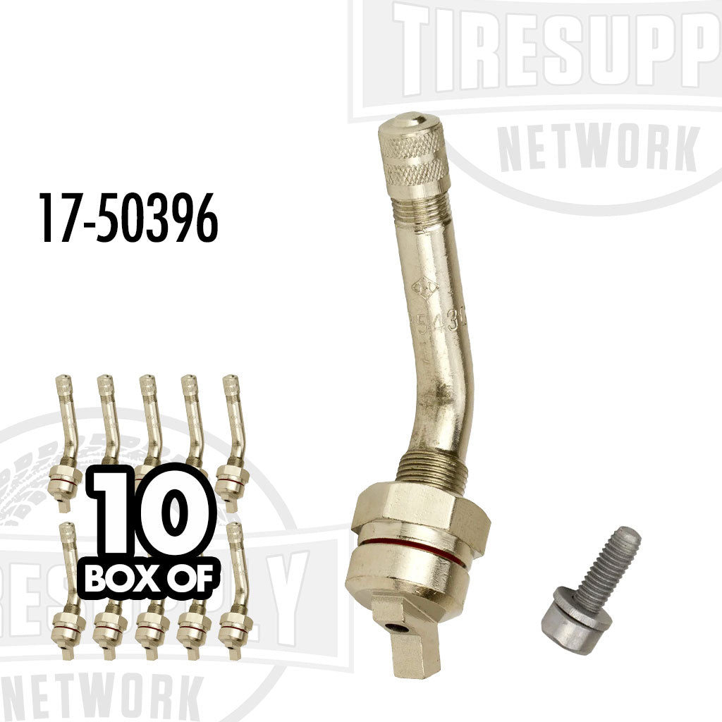 A box of 10 silver-colored snap-in TPMS valves for Ram Dually trucks, including a close-up of a single valve and a TORX screw. 17-50396