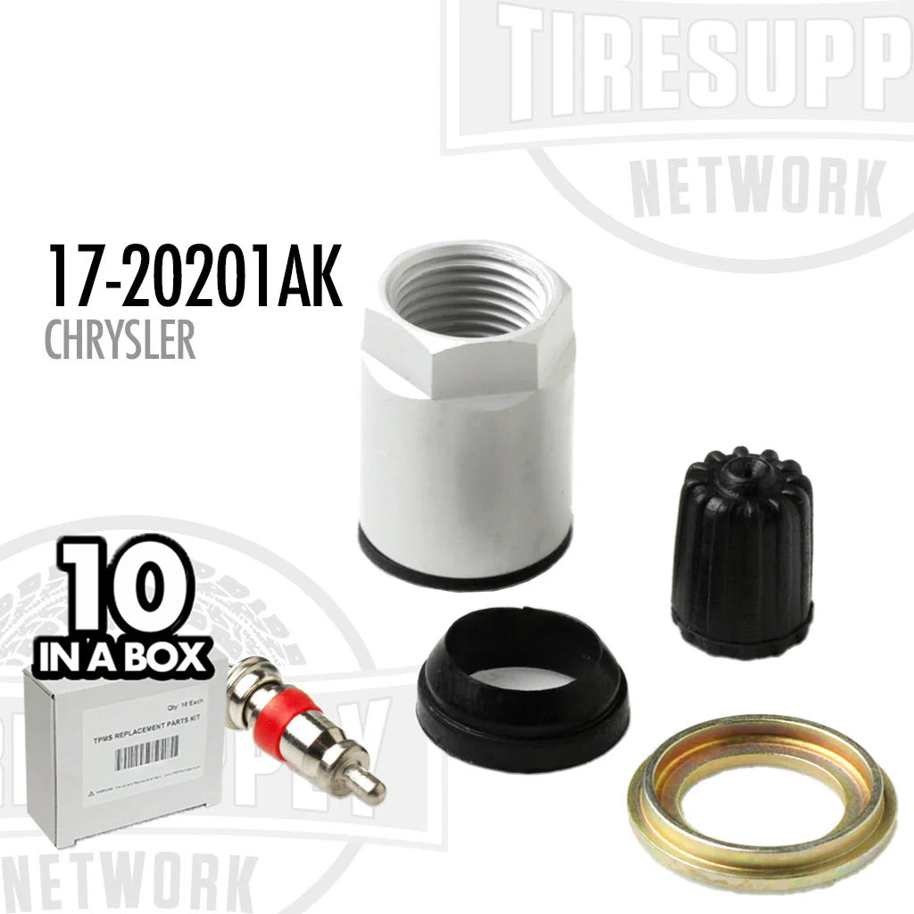 A box of 10 TPMS service kits for Chrysler vehicles, including a valve stem, grommet, and other components. 17-20201AK