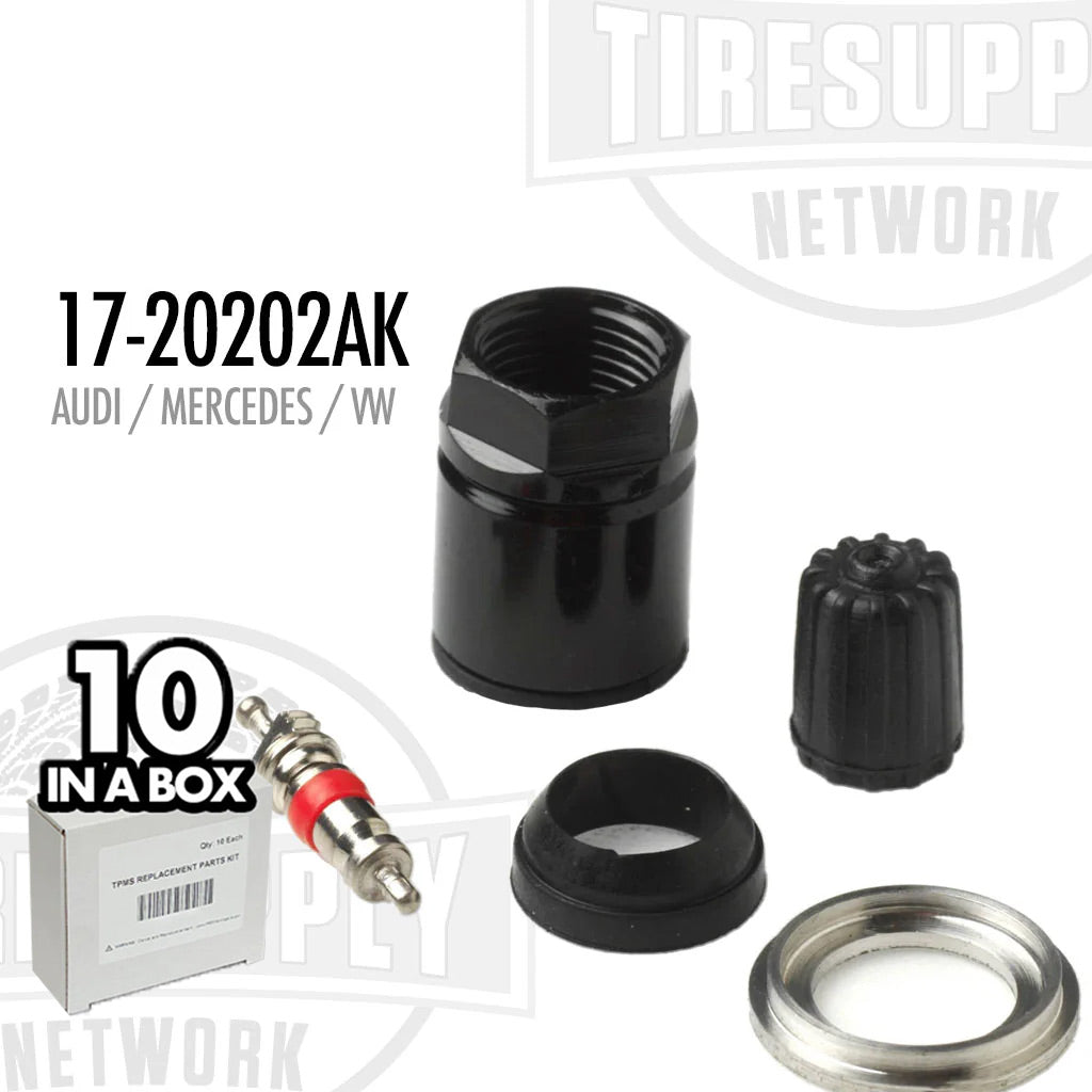A box of 10 TPMS service kits including various components for Audi, Mercedes, and VW vehicles. 17-20202AK