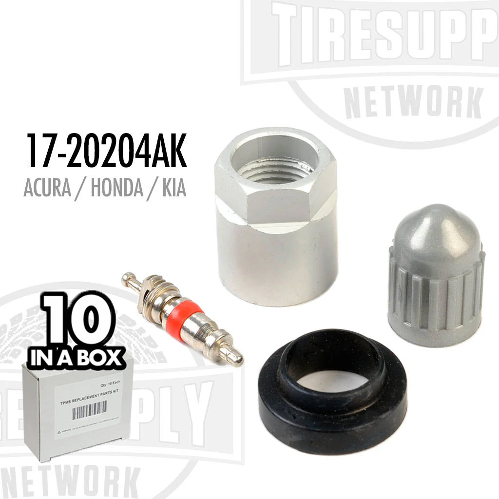 A box of 10 TPMS service kits including various components for Acura, Honda, and Kia vehicles. 17-20204AK