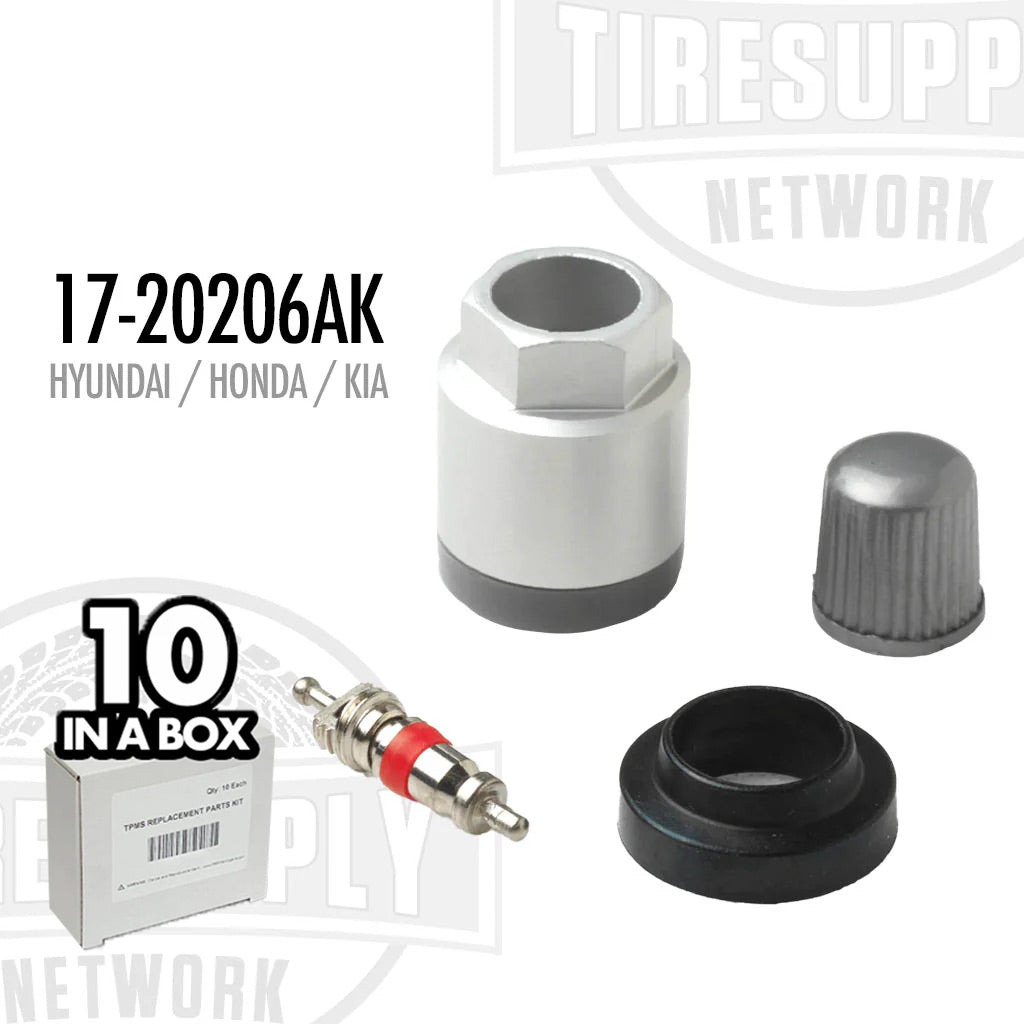TPMS Service Kit components displayed, including a sensor, valve stem, and additional parts, with packaging indicating '10 in a box' for Hyundai, Honda, and Kia vehicles. 17-20206AK