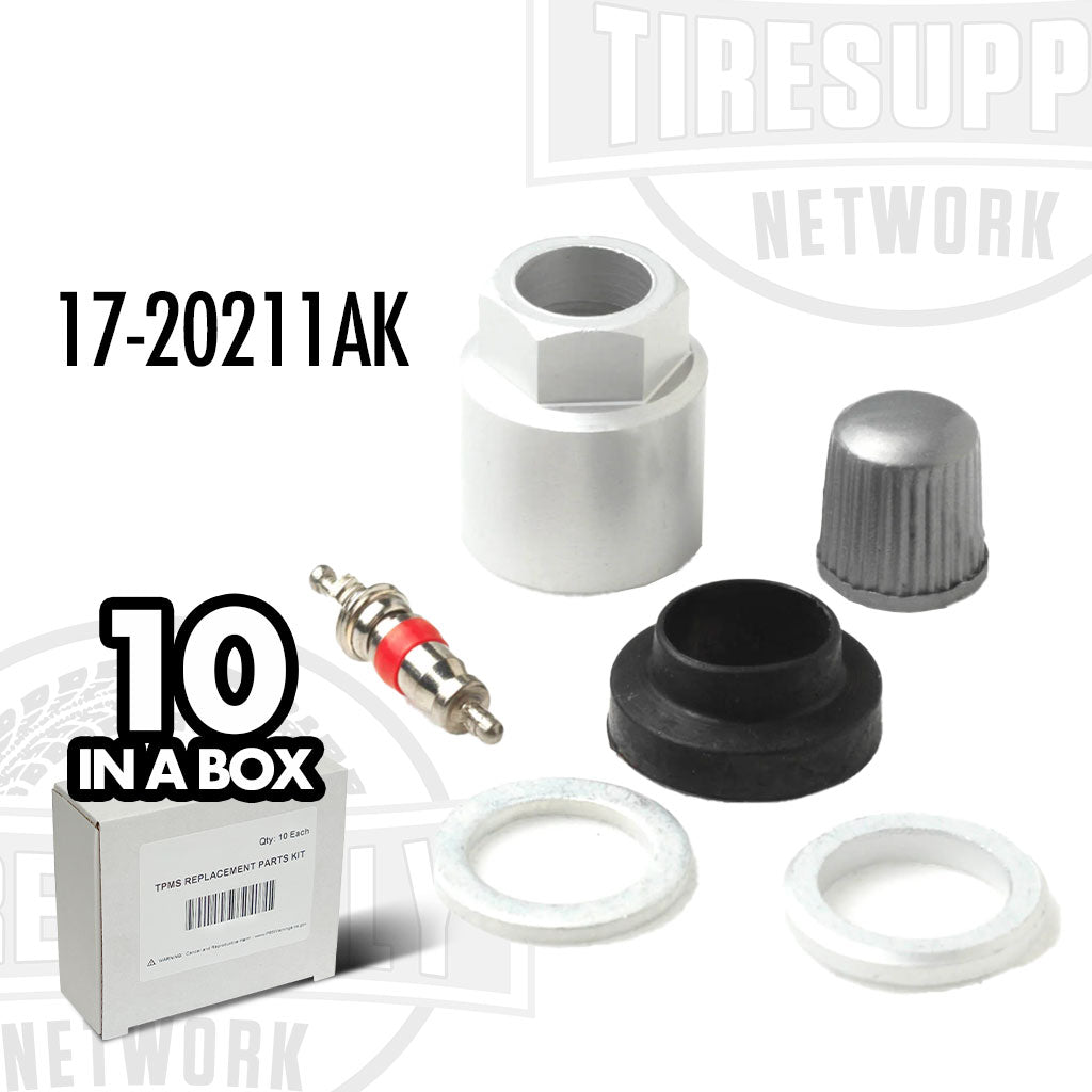 A box of 10 TPMS service kits, each containing various components such as valve caps, valve cores, sensor nuts, and EPDM grommets, against a white background. 17-20211AK