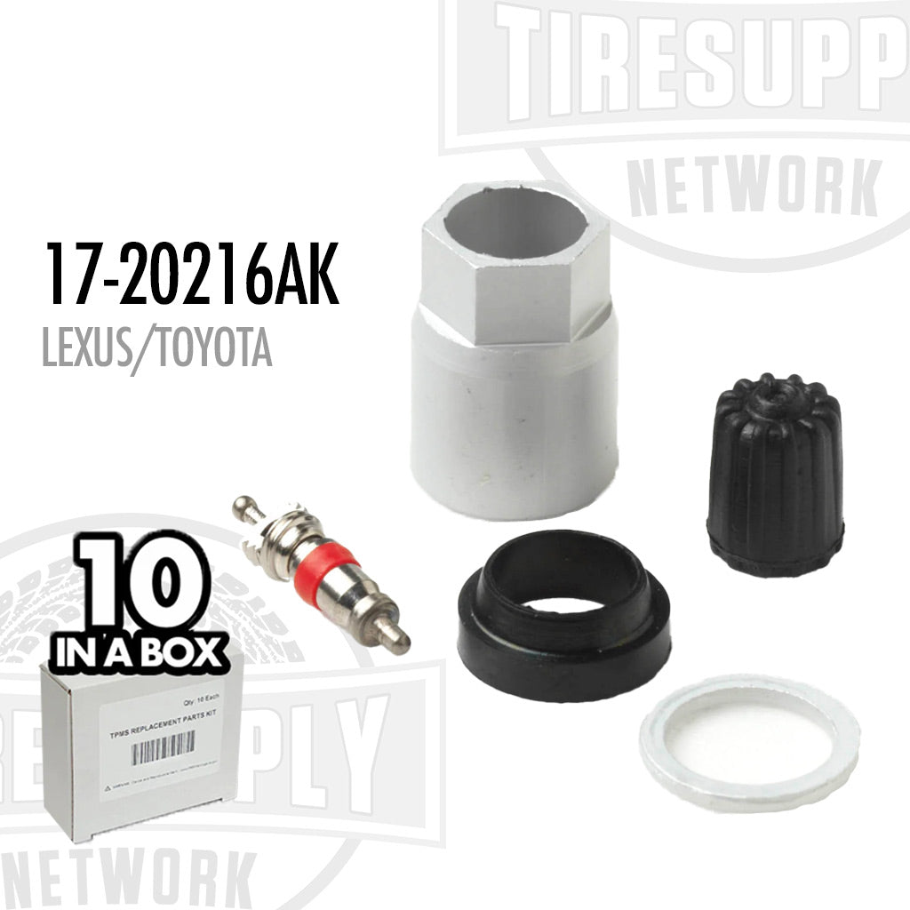 TPMS Service Kit components displayed, including a box labeled with Lexus/Toyota branding, valve stems, and other related parts. 17-20216AK
