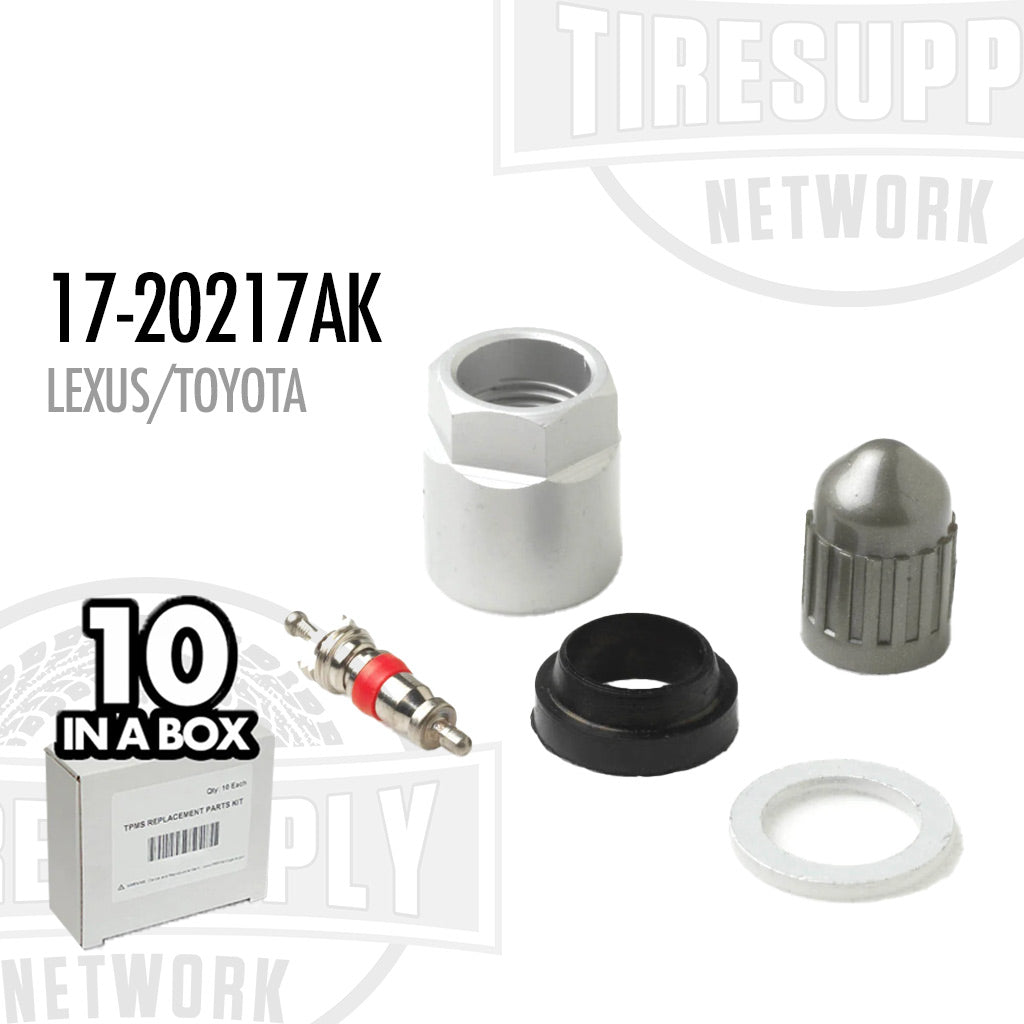 TPMS Service Kit components displayed alongside the packaging box which indicates the kit contains 10 pieces for Lexus and Toyota vehicles. 17-20217AK