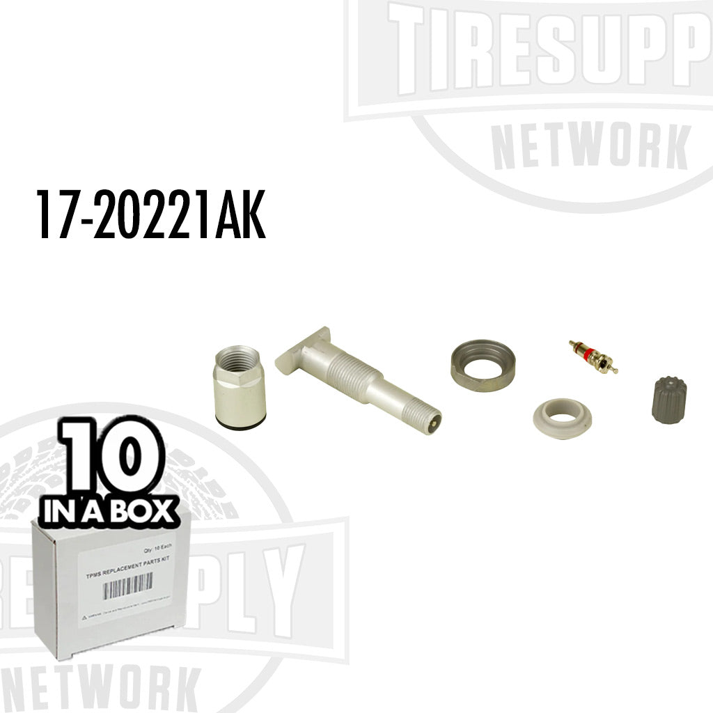 A box of 10 TPMS service kits and stems for Continental TG1C REDI-Sensor style TPMS, displayed with individual components visible. 17-20725AK