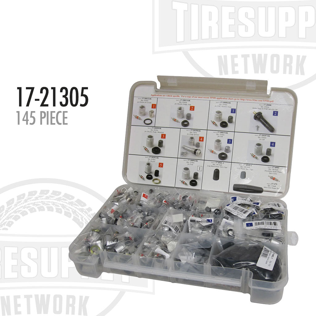A clear plastic case containing 145 pieces of TPMS (Tire Pressure Monitoring System) replacement parts, including valve cores and hardware, organized in compartments. 17-21305