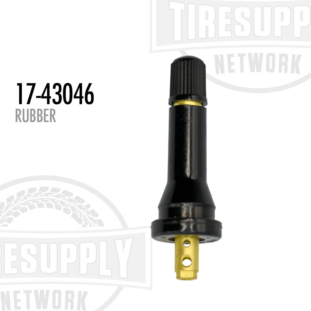 Rubber snap-in replacement valve for TPMS smart sensor, black in color, with a gold connector at the base. 17-43046