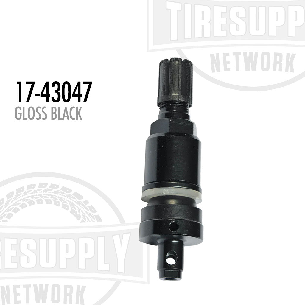 Gloss black clamp-in replacement valve for TPMS smart sensor, showing the valve body with a black finish against a white background. 17-43047