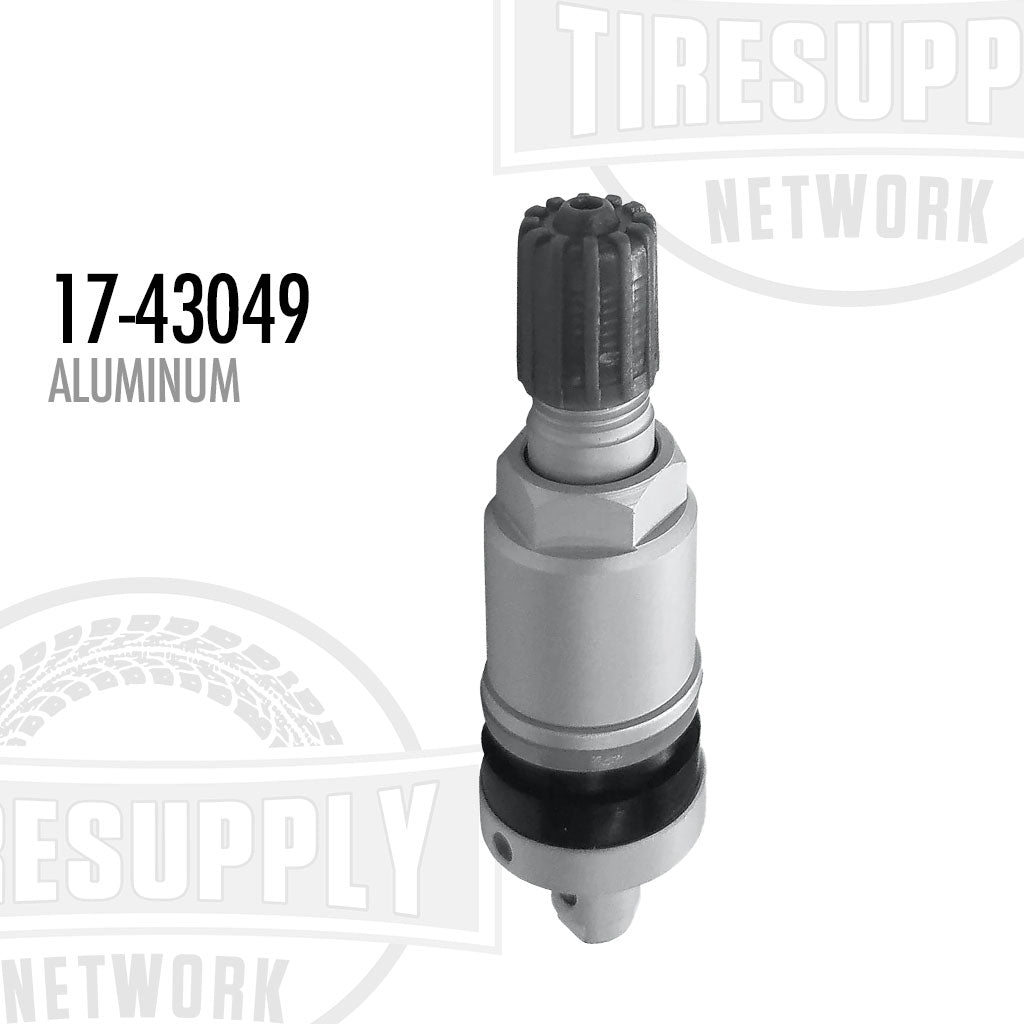 Aluminum clamp-in replacement valve for TPMS smart sensor, displayed on a clear background with the model number 17-43049 visible.