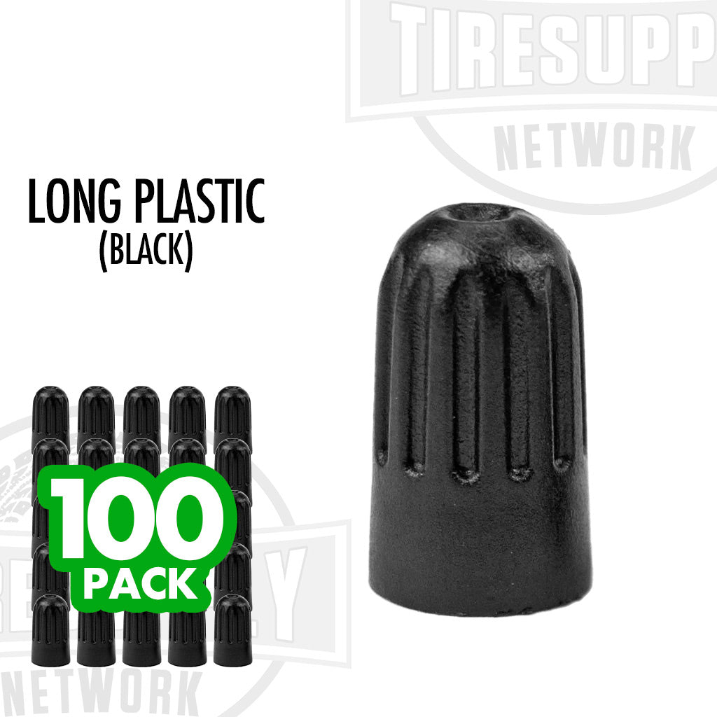 A long black plastic valve cap with a group of similar caps displayed horizontally. There is also text indicating a 100 pack and the color black. 17-492L-1