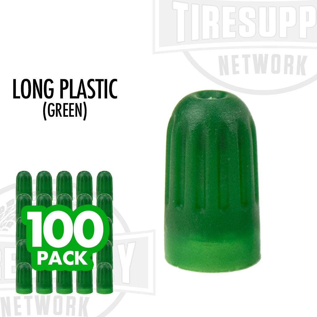 17-492LG-1. A pack of 100 long green plastic valve caps with a seal, presented in a grid layout.