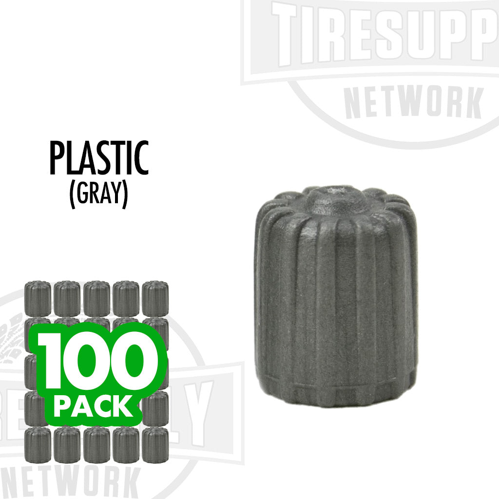 A gray plastic valve cap with a ribbed design, indicating it is sold in a pack of 100. 17-492T-1