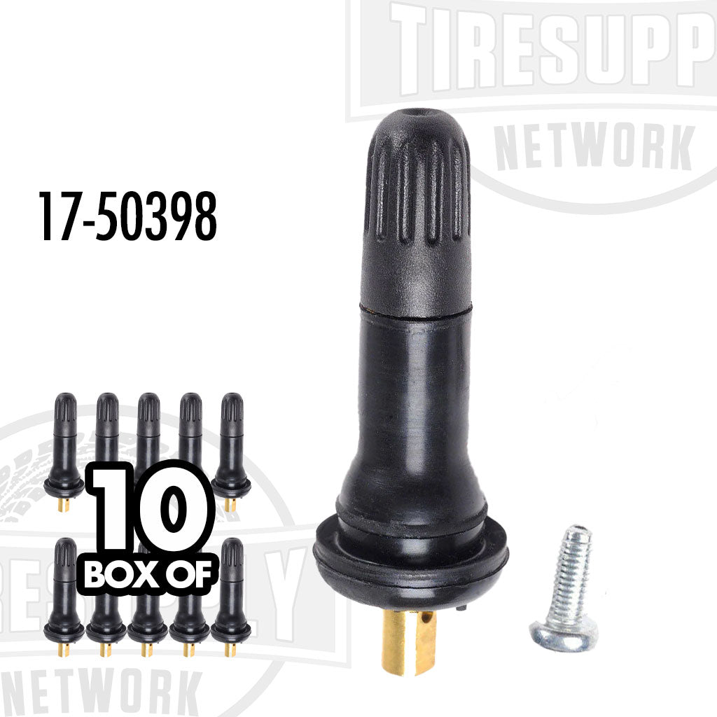 Box of 10 black snap-in TPMS (Tire Pressure Monitoring System) valves with a Torx screw, intended for use with GM vehicles. 17-50398