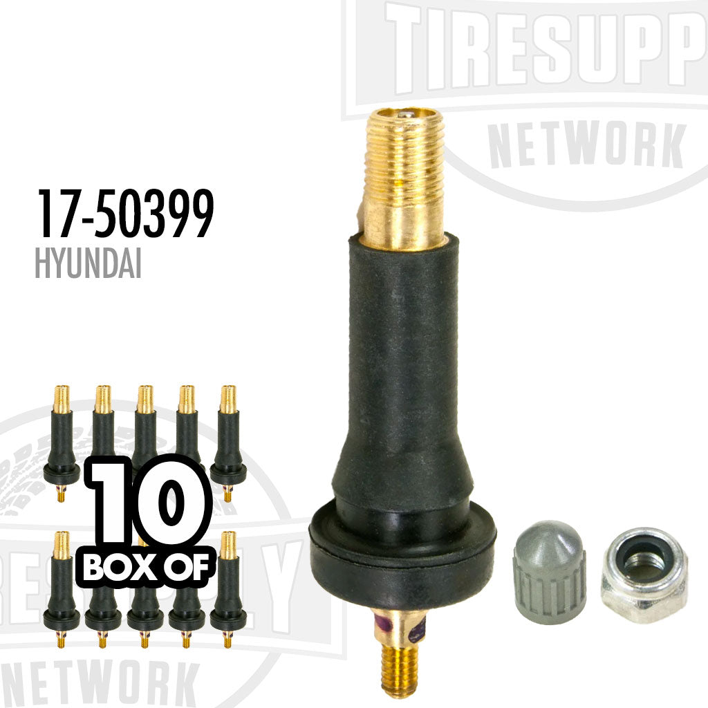 A box of 10 TPMS snap-in valves for Hyundai vehicles, displaying the valves, a valve stem, and a cap, with branding and product information. 17-50399