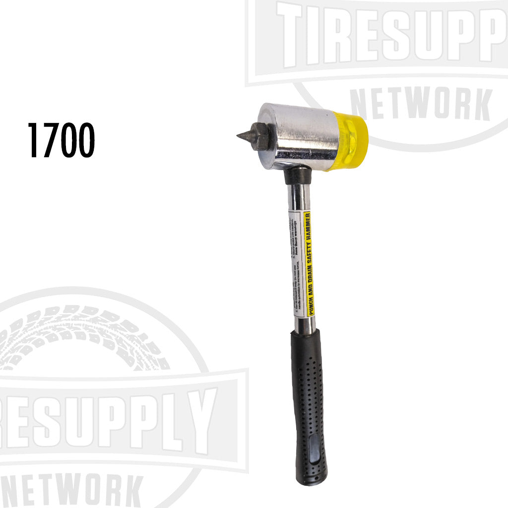 A steel punch-n-drain hammer with a weighted head and a rubber coated handle for grip, primarily colored silver and yellow, with the number 1700 visible.