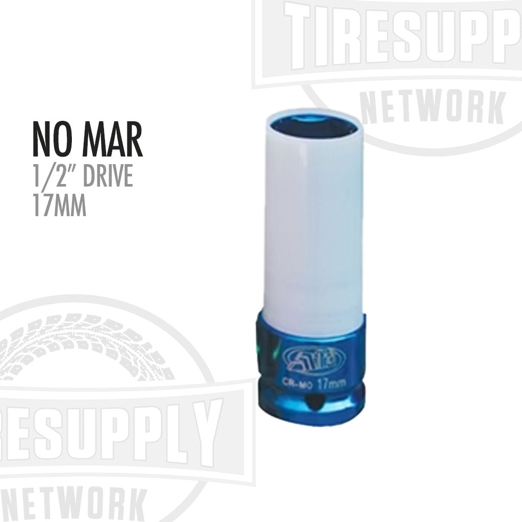 A blue and white 17mm impact socket with a 'NO MAR 1/2" DRIVE' text on it, designed for automotive purposes.