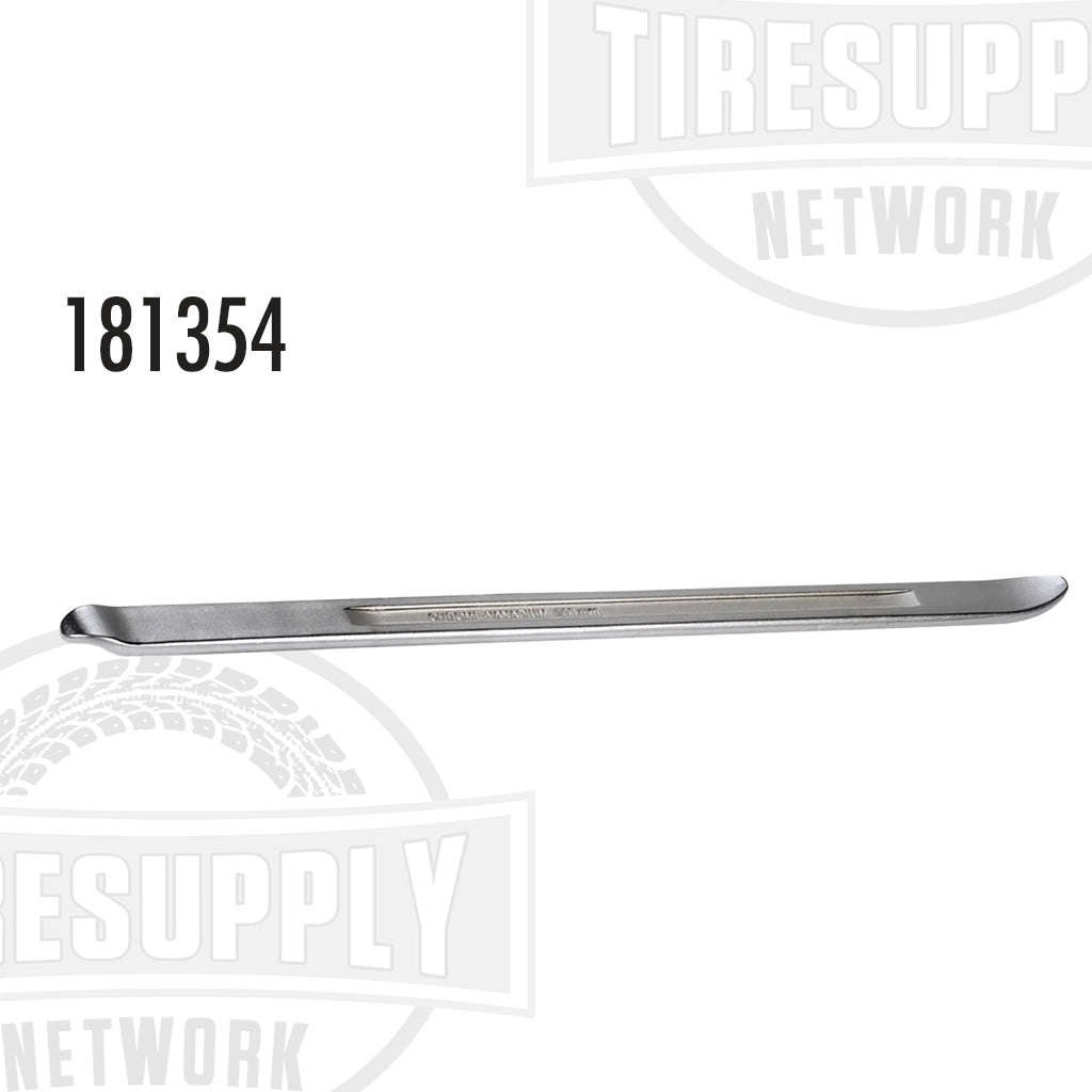 A bead lifting tool for tire changing, 19.5 inches long, with a smooth metal surface and a logo printed on the upper right corner. 181354