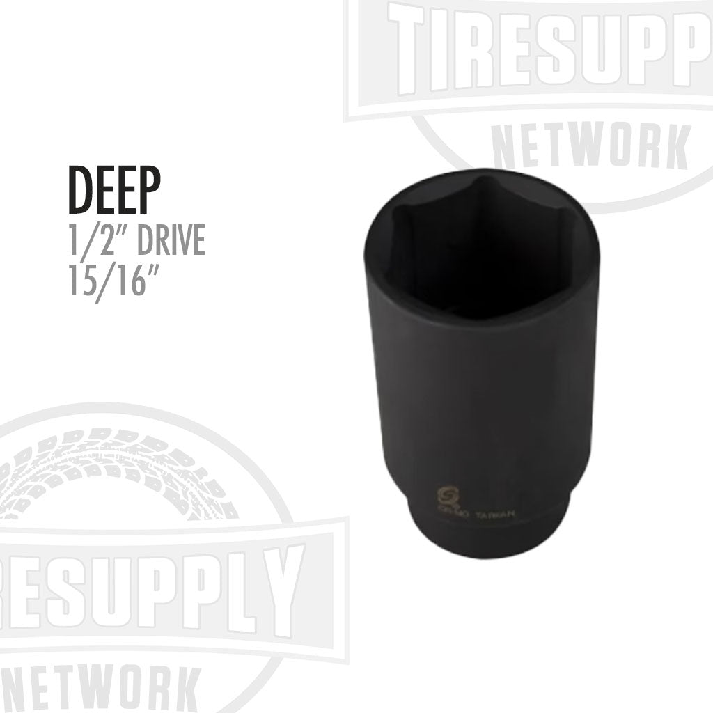 A black 1/2 inch drive deep impact socket with 15/16 inch size displayed on it. 230D