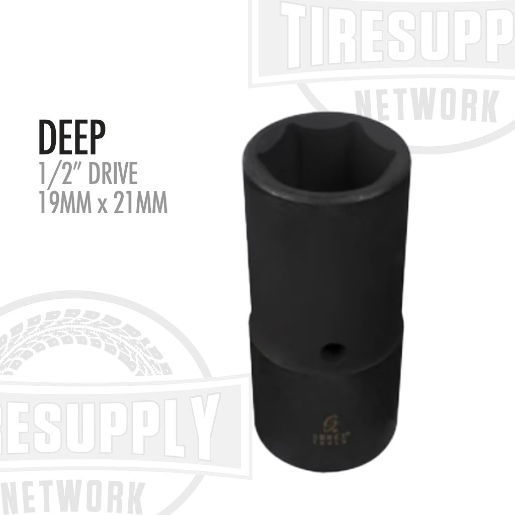 A black 1/2 inch drive deep impact flip socket with dimensions 19mm x 21mm. 2702