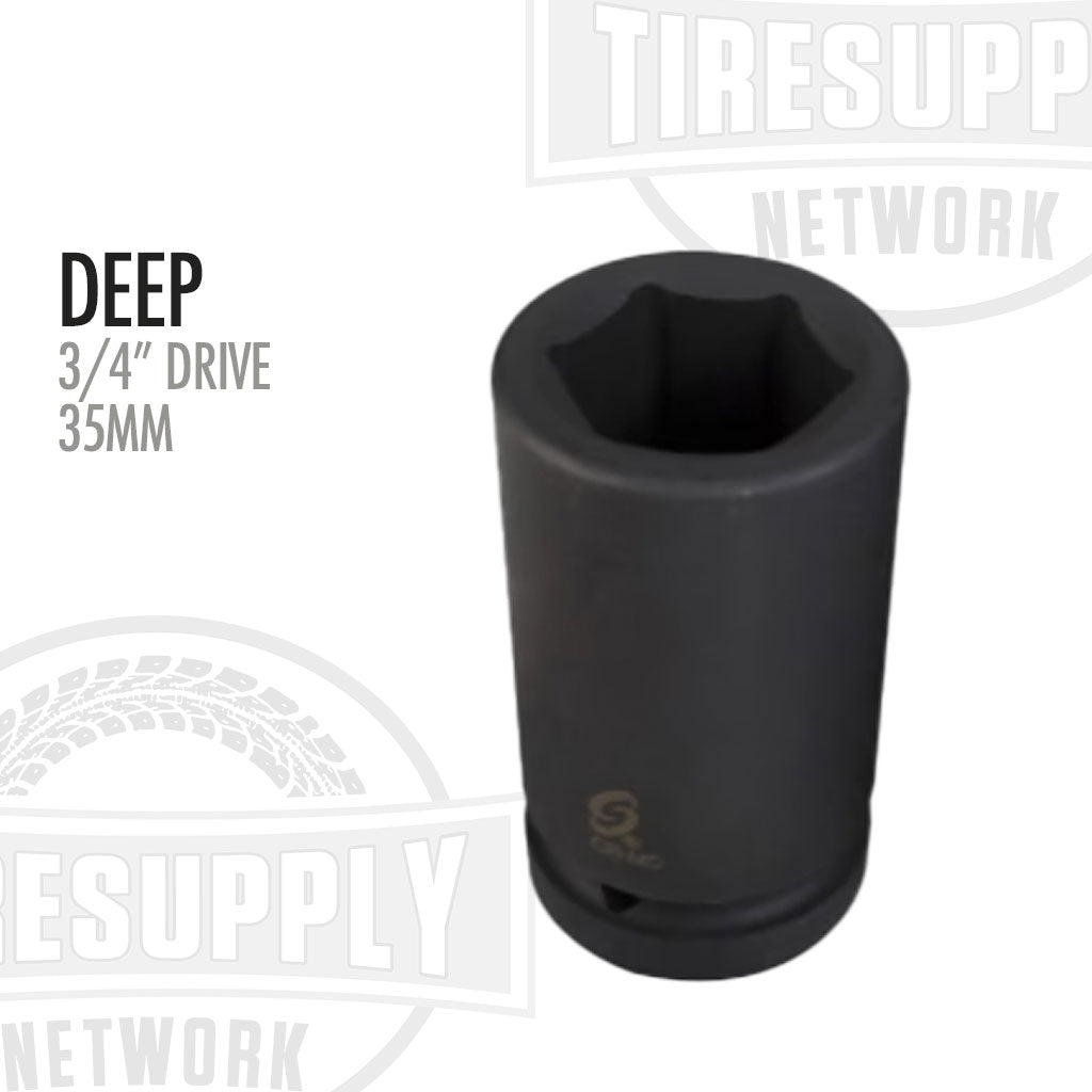 A black 3/4 inch drive by 35mm deep impact socket with the Tire Supply logo and 'DEEP' label indicating its depth.