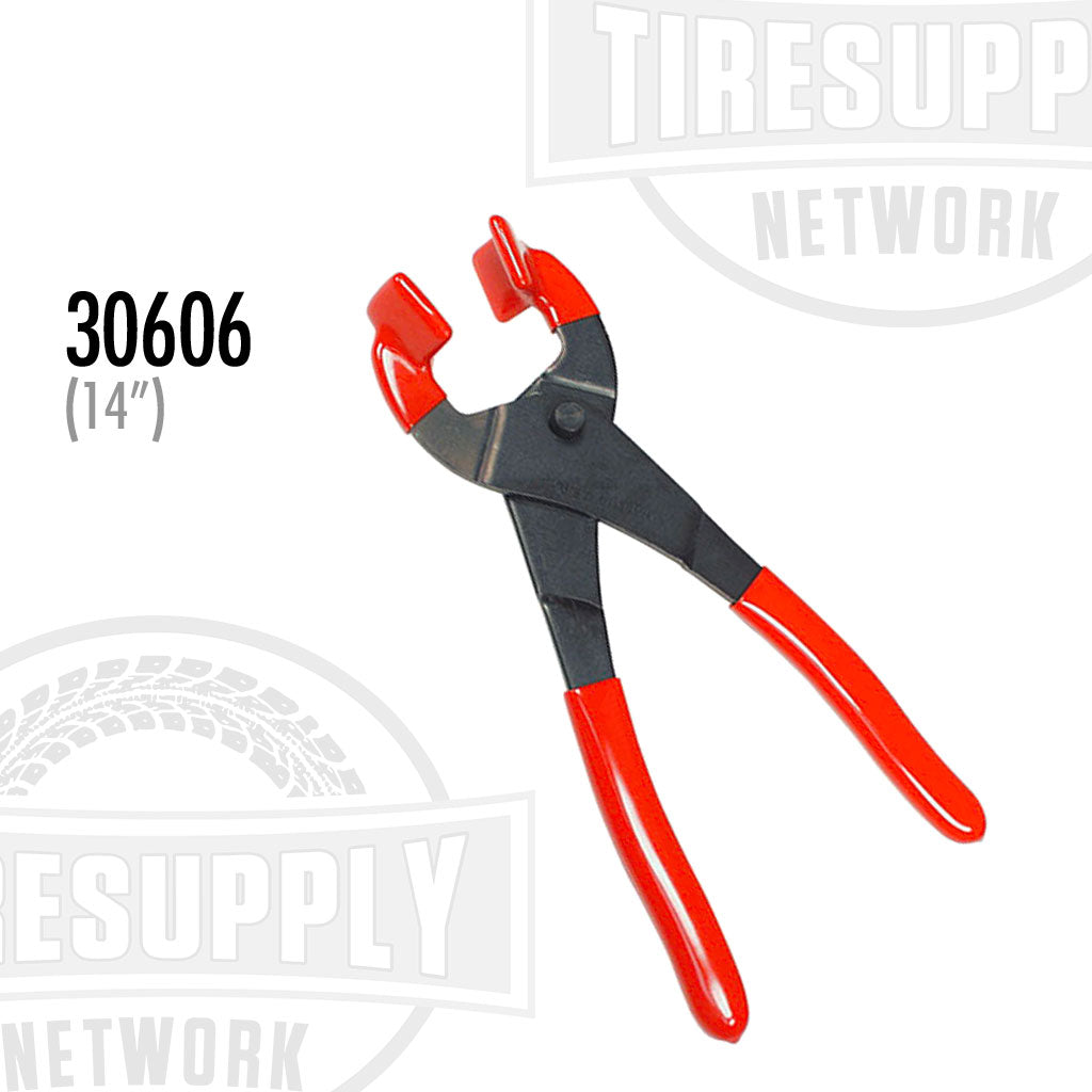 A professional chrome lug nut cover remover with red handles and a metal body, marked with the product number 30606 and 14 inches in parenthesis.