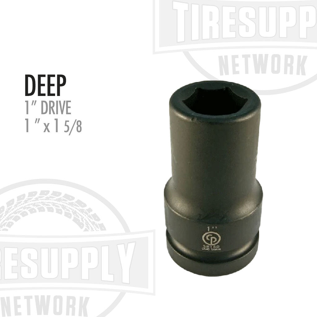 A black 1-inch drive x 1 5/8-inch deep impact socket tool, with text indicating the product depth and size.