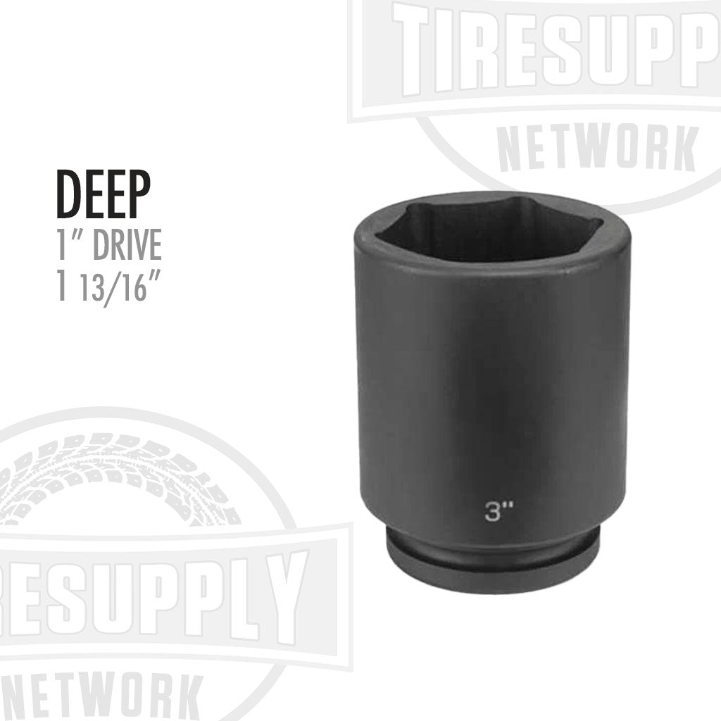 A black 1-inch drive 1 13/16-inch deep impact socket tool, with the Tire Supply Network logo and the product size indicated.