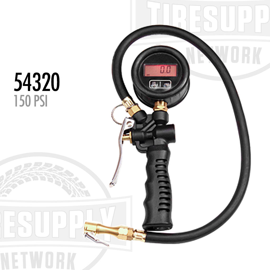 Digital tire pressure gauge with hose on a white background, featuring 'Tiresupply Network' branding. 54320
