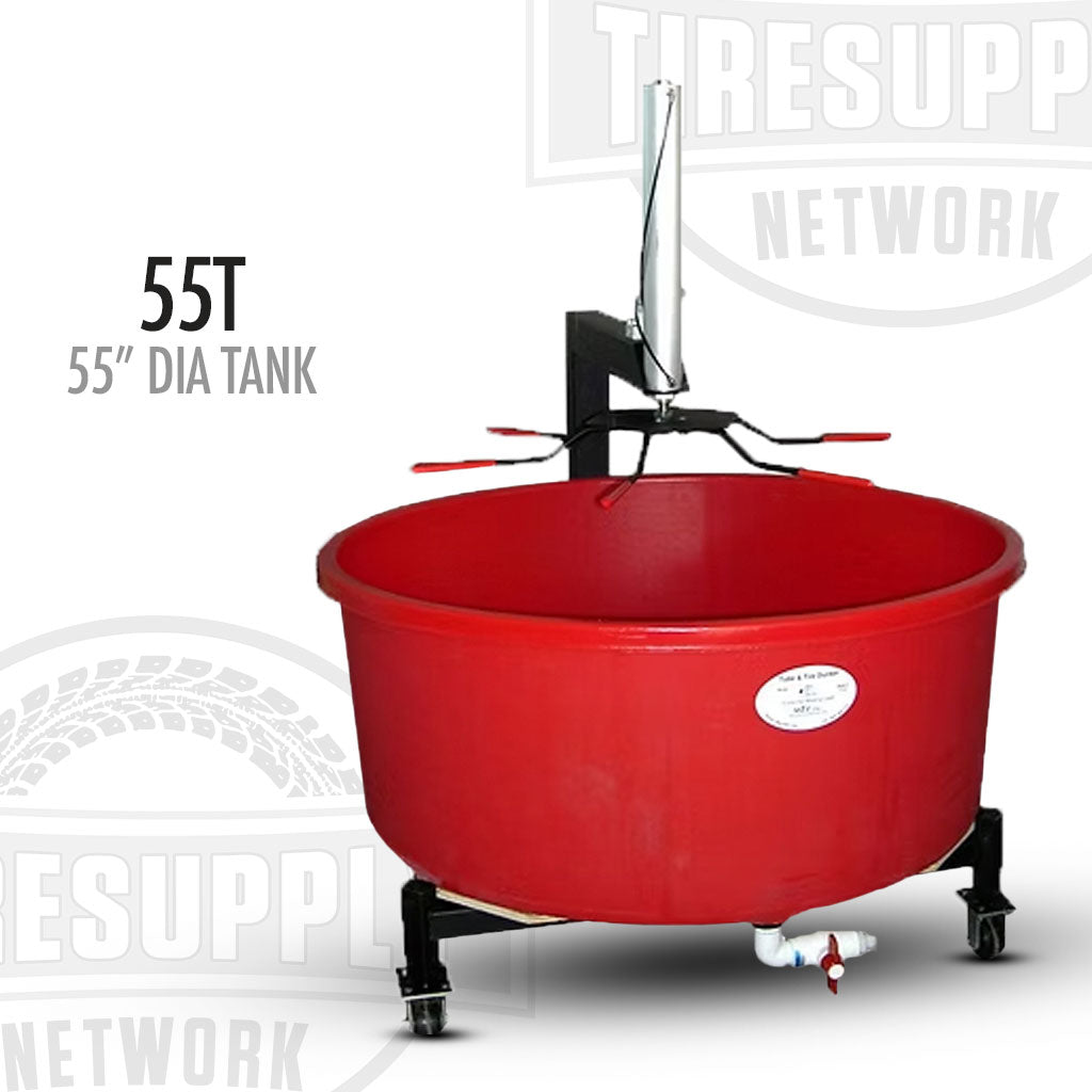 A red 55-inch diameter air-powered tire and tube dunker tank with a black frame, mounted on a frame with wheels and equipped with a ball valve and a sensor.