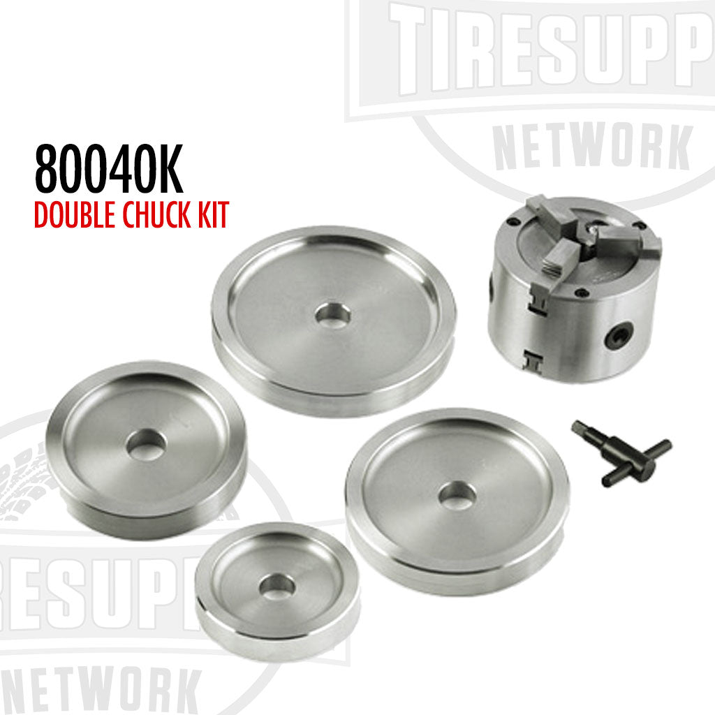 An assortment of metal parts including a double chuck kit, backing plates, and a wrench, labeled with part numbers and the text '80040K DOUBLe CHUCK KIT'.