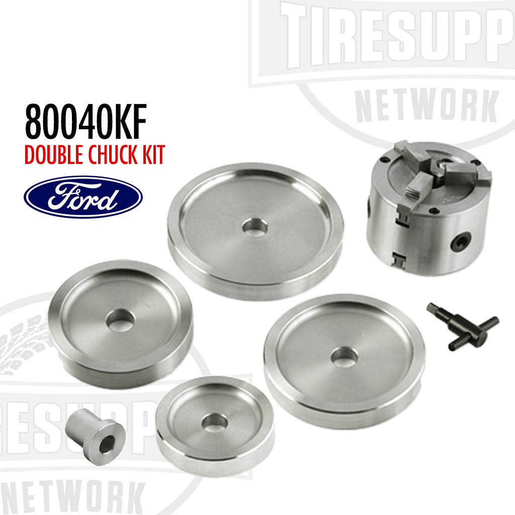 Double Chuck Kit components including a Ford F-150 bushing and various backing plates, arranged on a white background with the product number 80040KF visible.