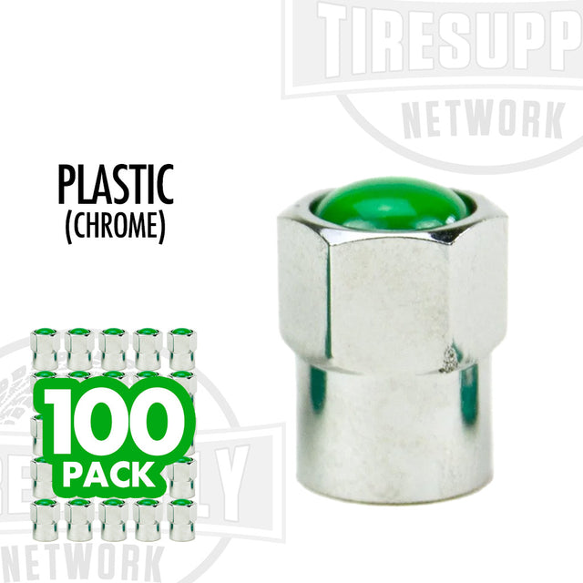 89TPMS-CAPG. A silver plastic chrome nitrogen valve cap with a green top, labeled as a 100 pack.