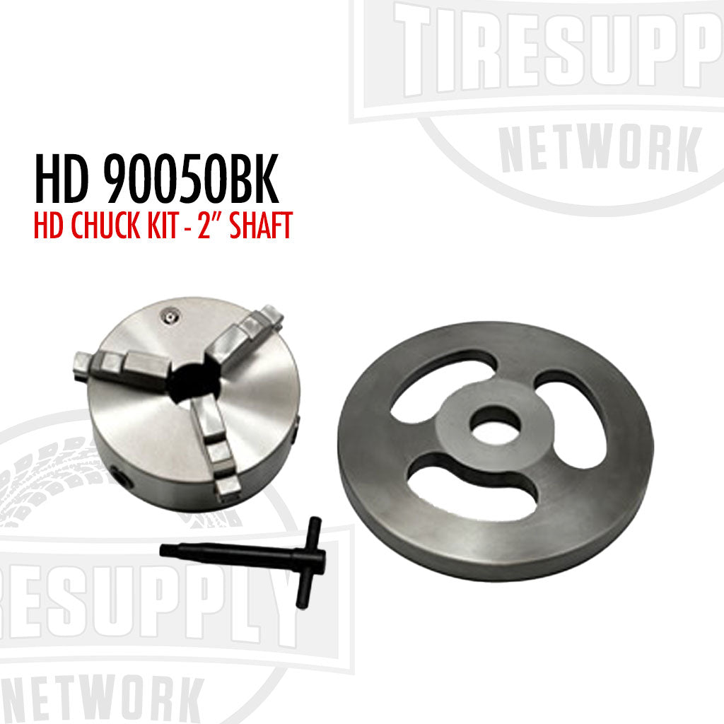 Heavy Duty Balancer Chuck Kit including a three jaw chuck, a plate, and a wrench key, labeled as HD 90050BK for a 2" shaft.