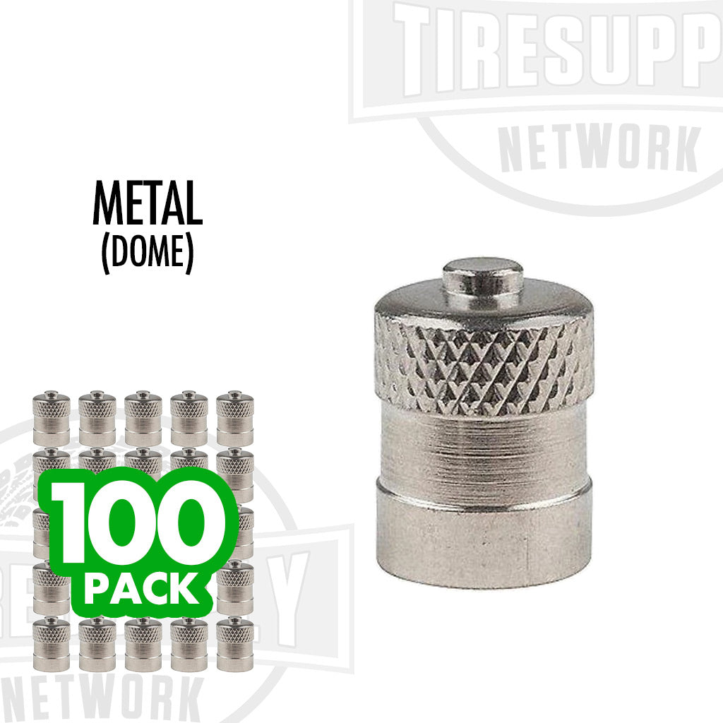 A pack of 100 silver metal dome valve caps, with a focus on the texture of the caps and the '100 pack' label. A-100-VC
