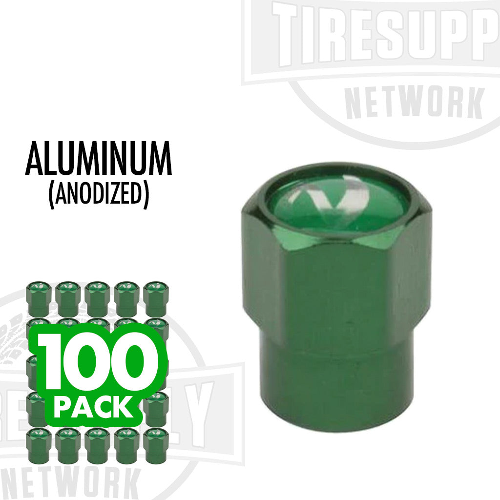 A green anodized aluminum valve cap with a 100 pack label, indicating the product is sold in a pack of 100. ASN2G