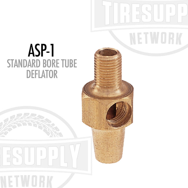 A brass-colored metal tube deflator aspirator with the label 'ASP-1 Standard Bore Tube Deflator' printed on it.